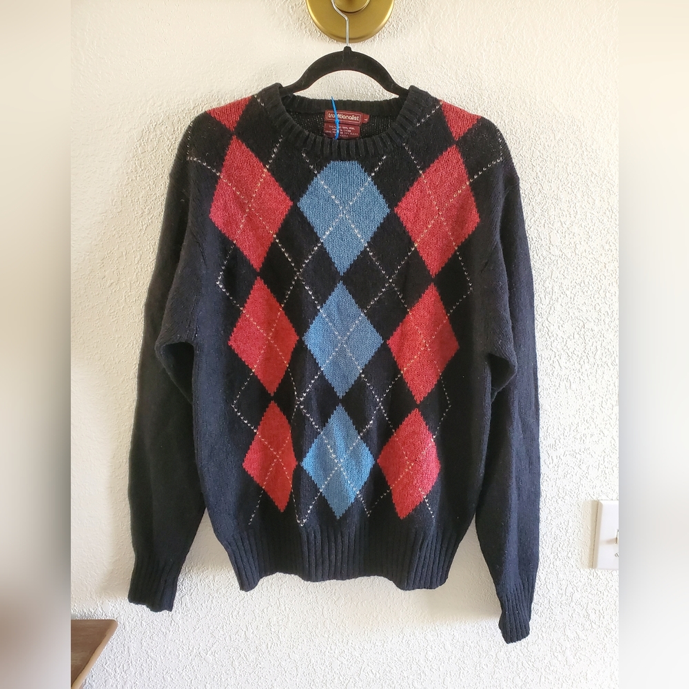 Traditionalist Shetland 100% Wool Diamond Pattern Sweater Size Large